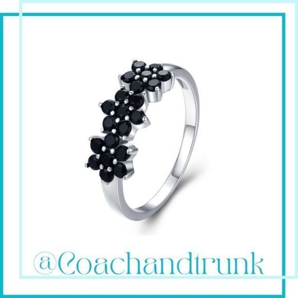 925 Sterling Silver Black Spinelโ Prong Set 3 Flower Band Ring Size 6 NWT